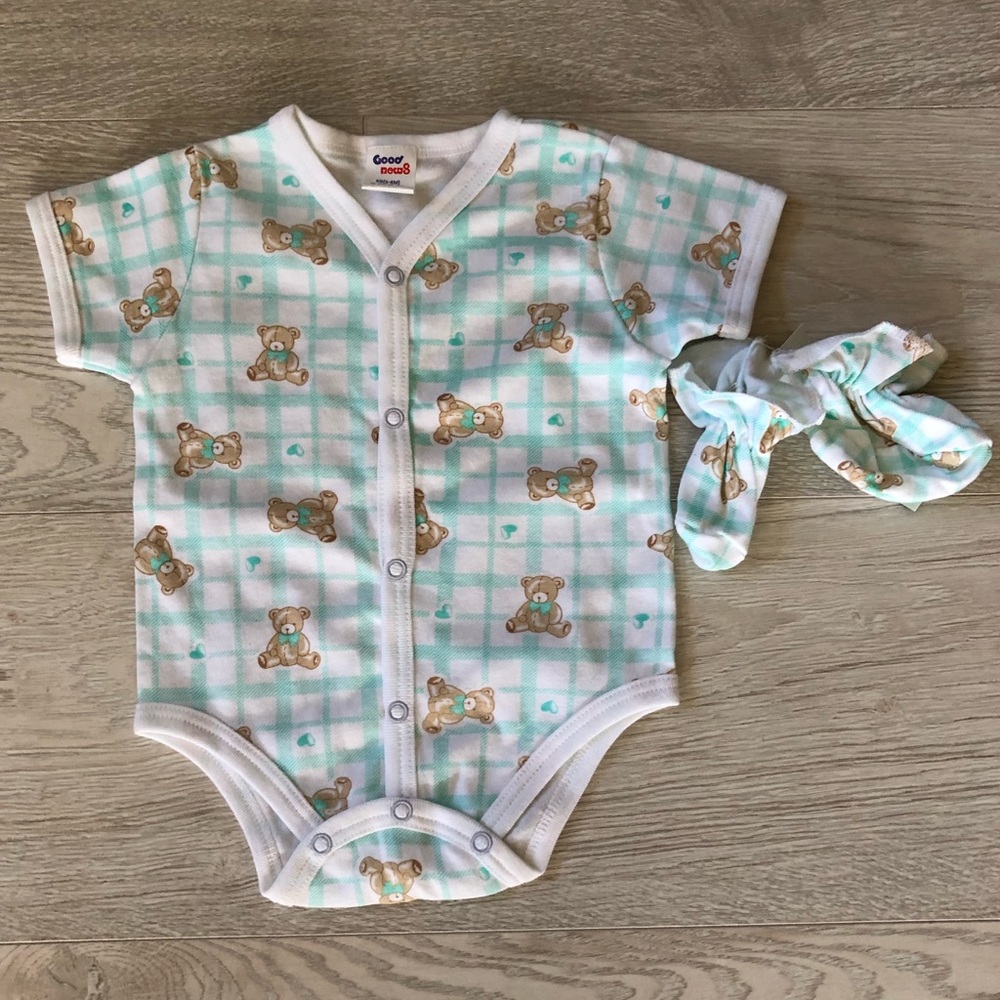 NWT Good News Teddy Bear 2 pc Matching Infant Onesie Set with Booties